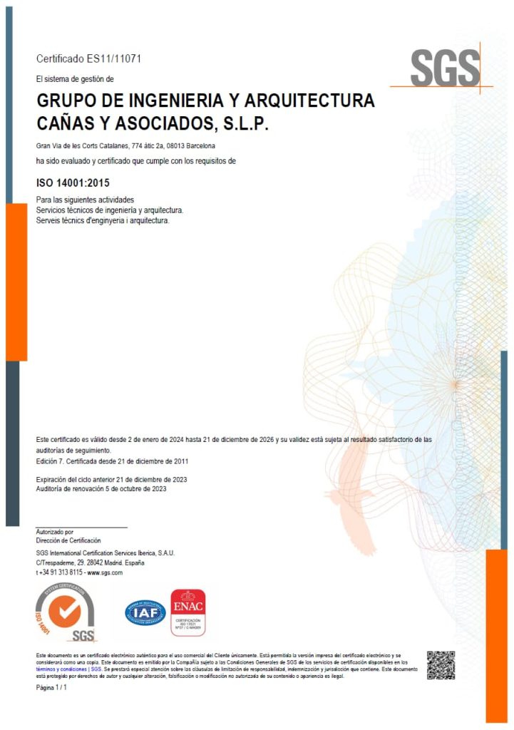 Certificado ISO 14001:2015 de ICA-Grupo, compromiso con la gestión ambiental en proyectos de ingeniería y arquitectura.